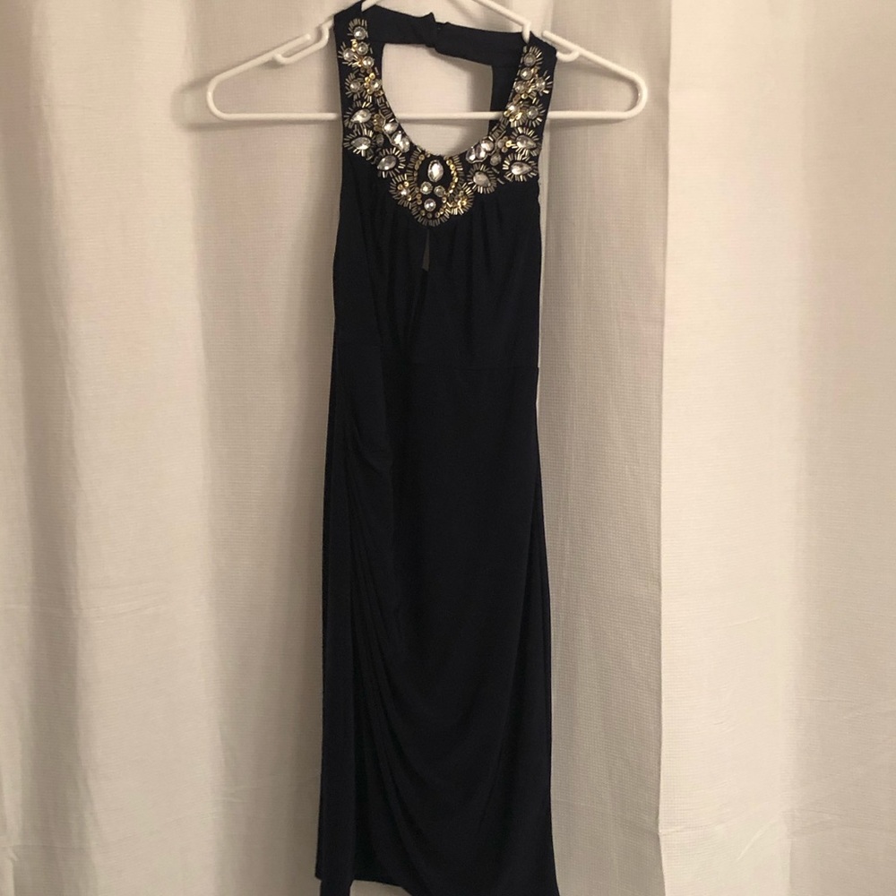 Royal blue cocktail-length dress with jeweled neck